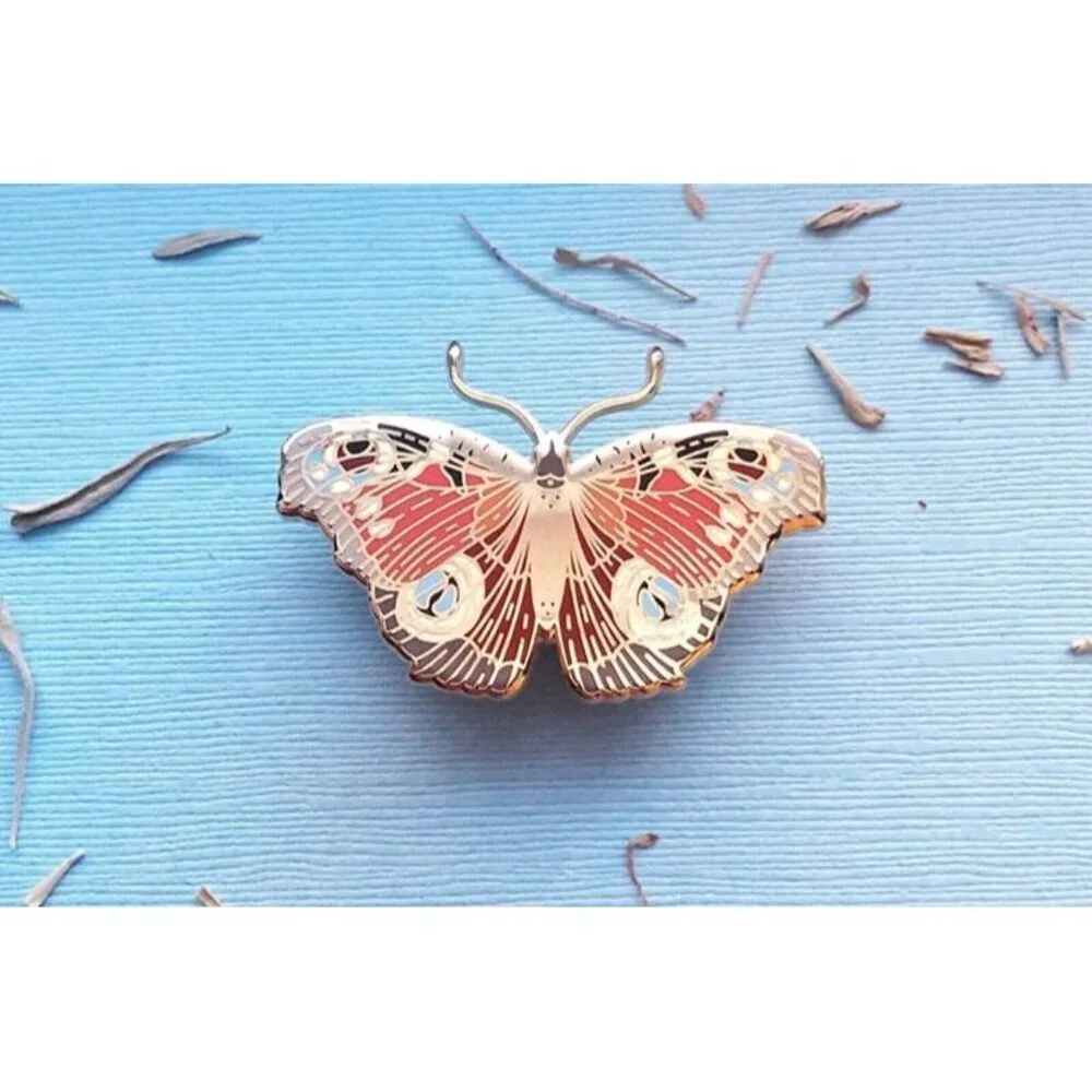 European Peacock Butterfly Enamel Pin - Gold‎ Plated Nature Jewelry & Brooch
